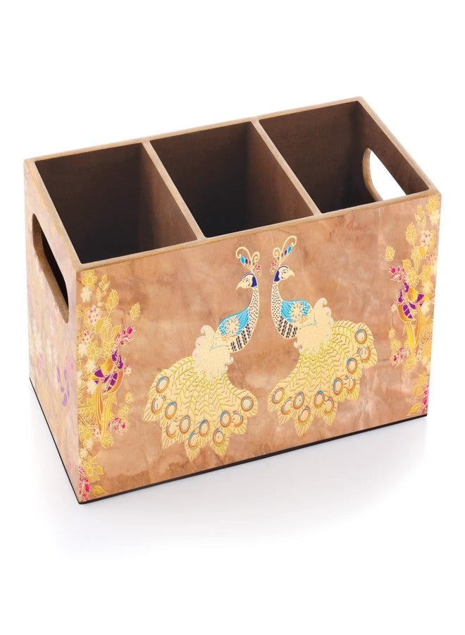Attro Peacock Gold Designer Wooden 3 Compartments Cutlery Holder, Organizer Stand, Multipurpose Stand, Spoon Holder, Standard - Image 1